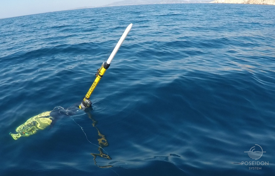 The glider with the attached acoustic sensor during sea trials in the Saronic Gulf