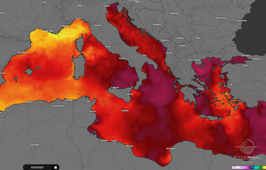 Mediterranean Sea Surface Temperature (SST) on 2/7/2021 based on the nighttime images collected by the infrared sensors mounted on different satellite platforms (downloaded through marine.copernicus.eu) 