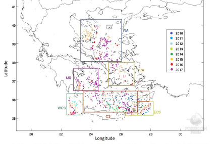 Argo profiles mapped in sub-basins of the Aegean Sea for the period 2010 – 2017